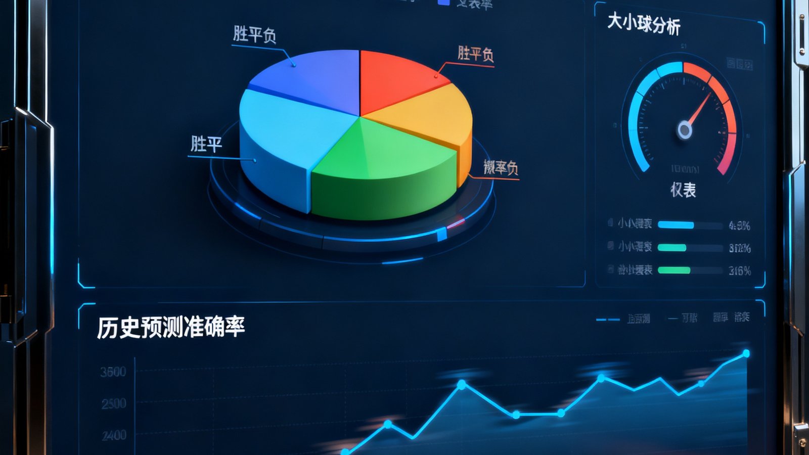 深色主题的数据预测面板，中央显示胜平负概率三维饼图，右侧为大小球分析仪表盘，底部滚动显示历史预测准确率折线图